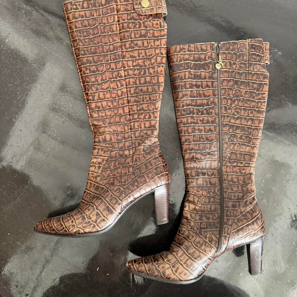 Brown heeled crocodile boots